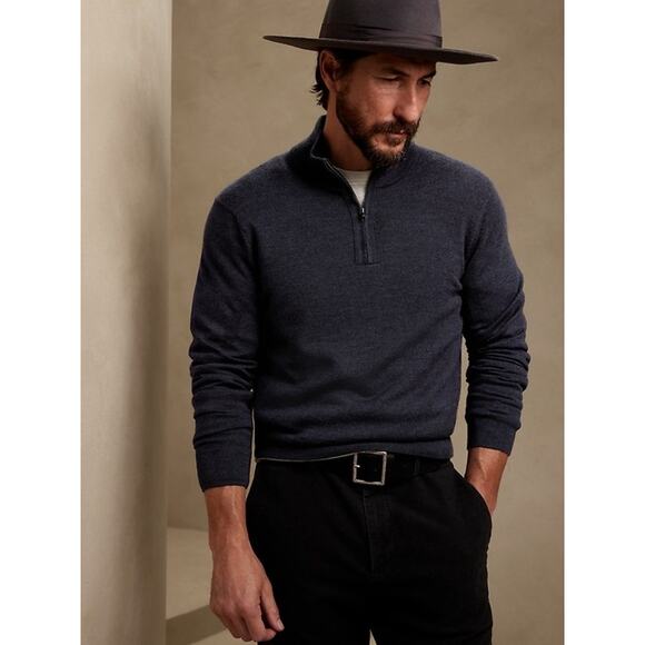 Banana Republic Men's Italian Merino Wool Half Zip Sweater Rust Red Orange Large - Picture 2 of 9